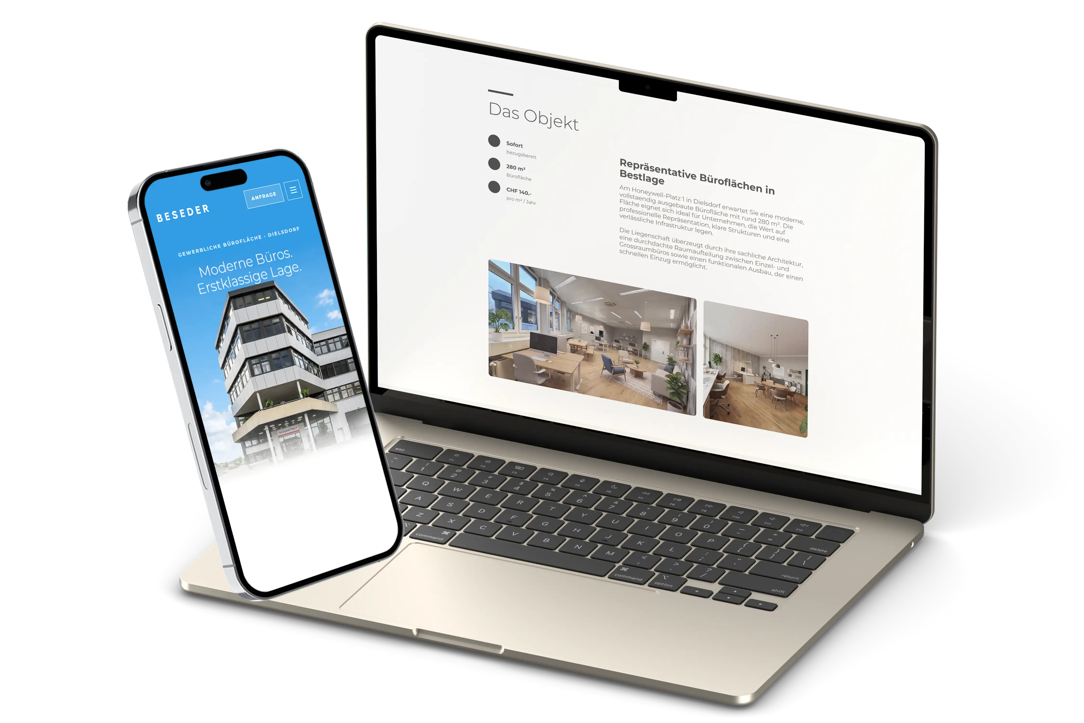 BESEDER Honeywell-Platz landing page shown on laptop and phone